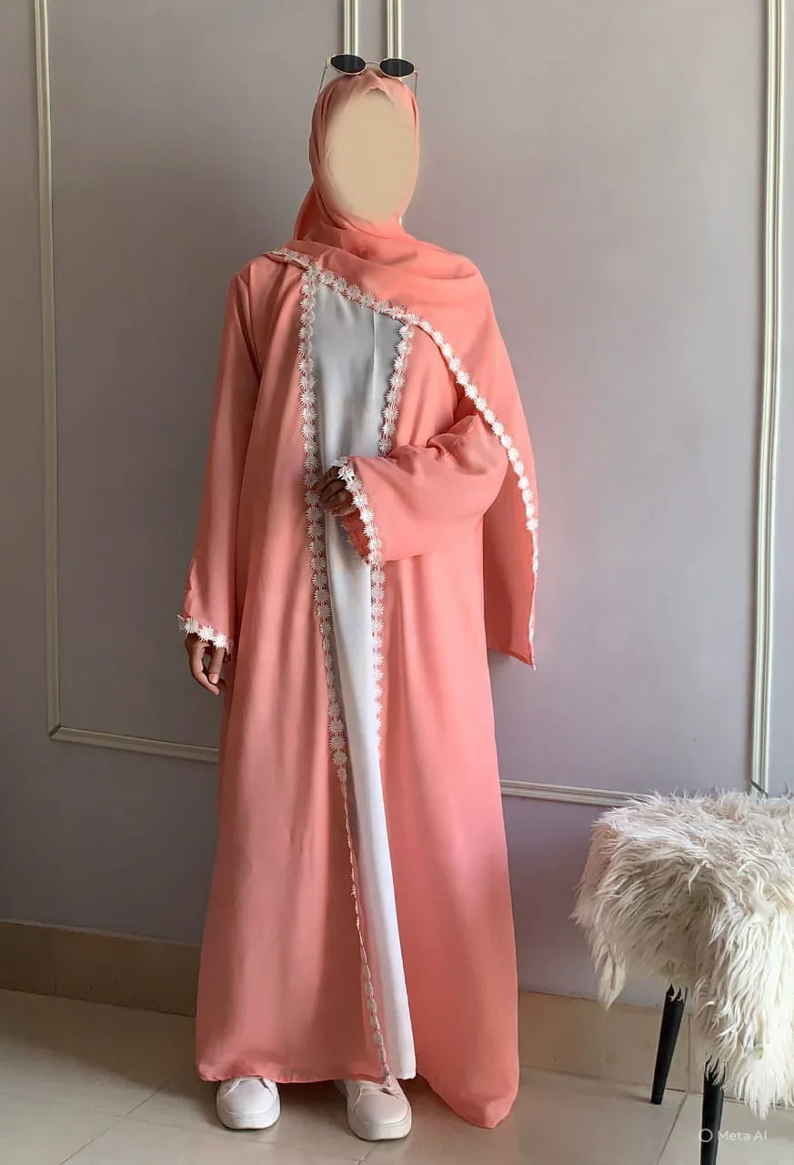 Lacey kimono Abaya with Attached Inner With lacey Scarf
