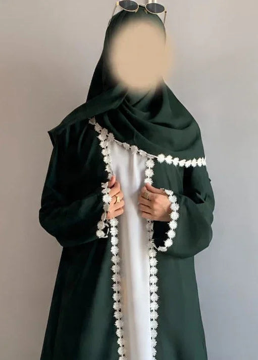 Lacey kimono Abaya with Attached Inner With lacey Scarf
