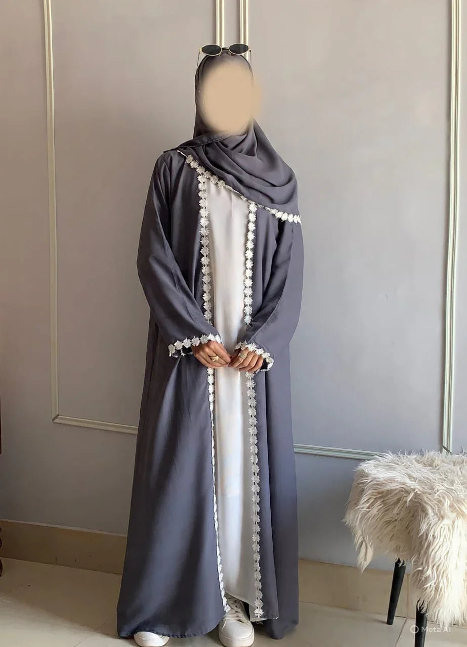 Lacey kimono Abaya with Attached Inner With lacey Scarf