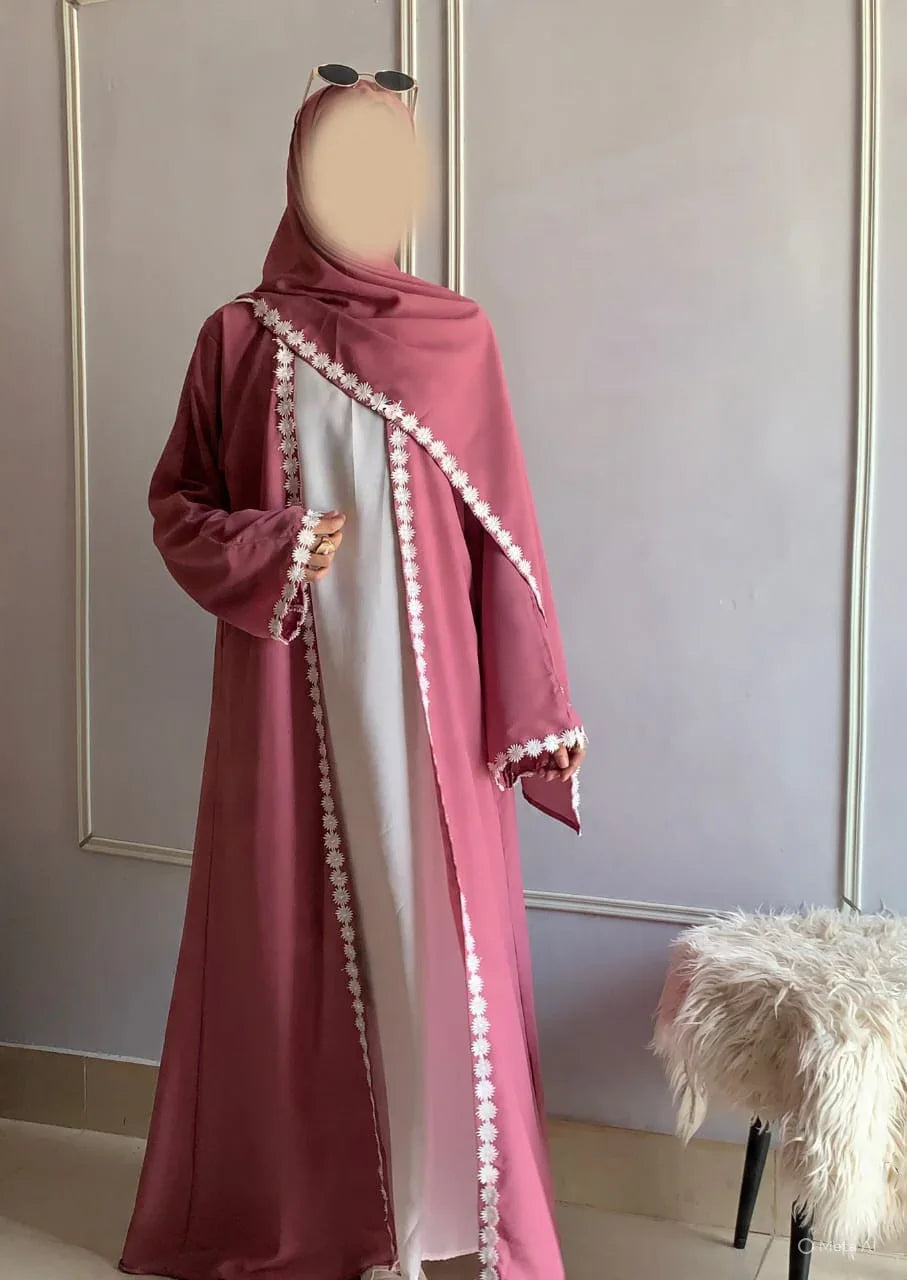 Lacey kimono Abaya with Attached Inner With lacey Scarf